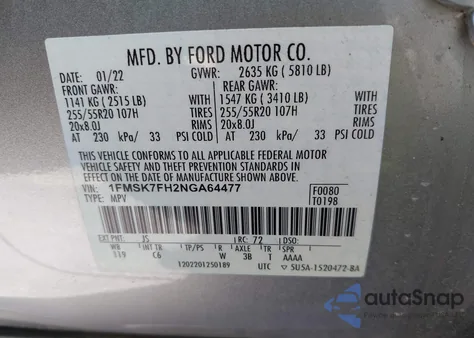 2022 Ford Explorer Limited из США, поврежденный, VIN 1FMSK7FH2NGA64477